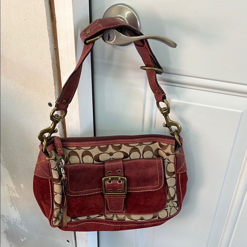 Coach Red and Tan Shoulder Bag with Signature Design